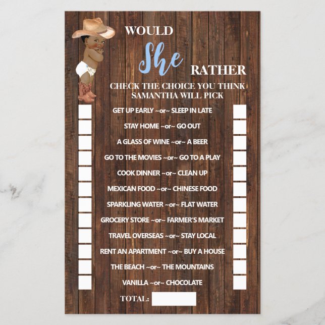 Would She Rather AA Cowboy Baby Shower Game Card (Front)