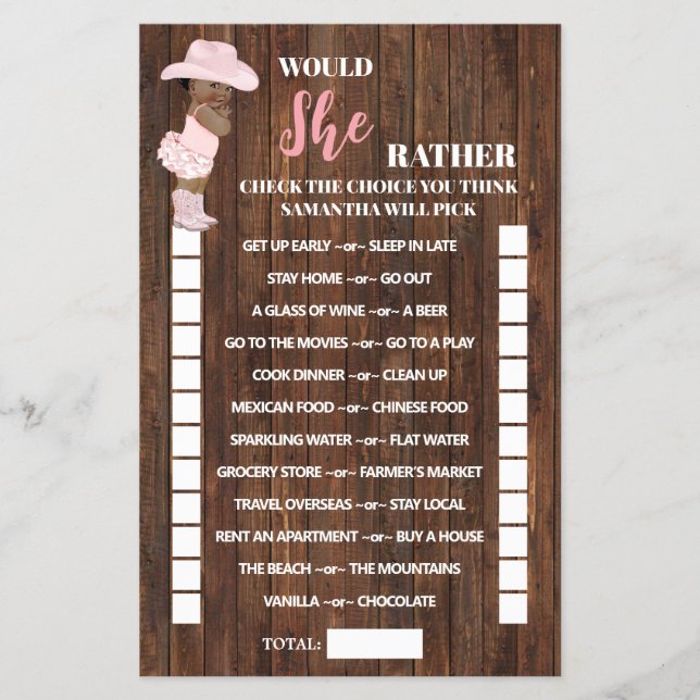 Would She Rather AA Cowgirl Baby Shower Game Card (Front)