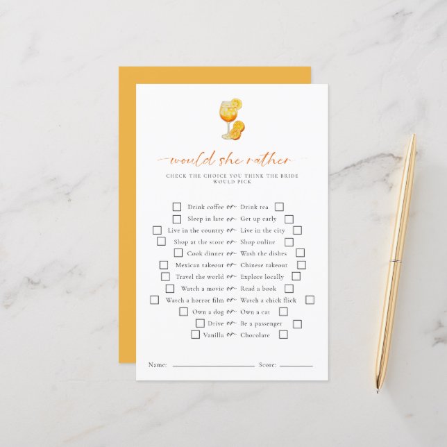 Would She Rather Aperol Spritz Bridal Shower Game (Front/Back In Situ)
