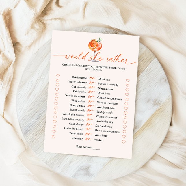Would She Rather Aperol Spritz Bridal Shower Game  Invitation (Creator Uploaded)