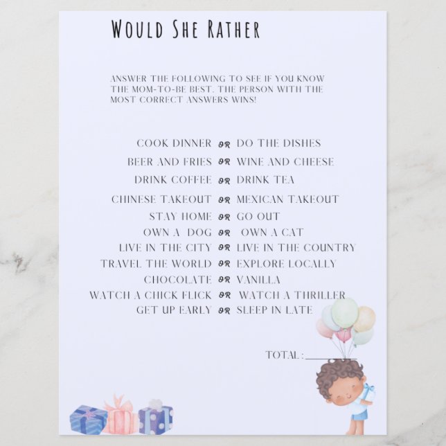 Would She Rather Baby Shower Game (Front)