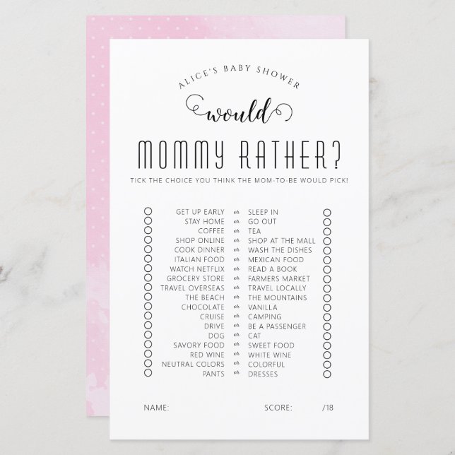 Would She Rather Baby Shower Game (Front/Back)