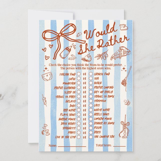 Would She Rather Baby Shower Game in Blue (Front)