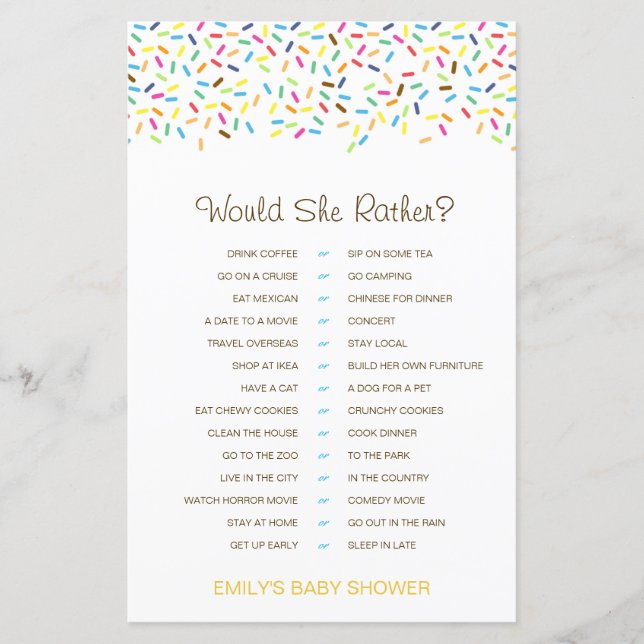 Would She Rather Baby Shower Game PRINTED (Front)