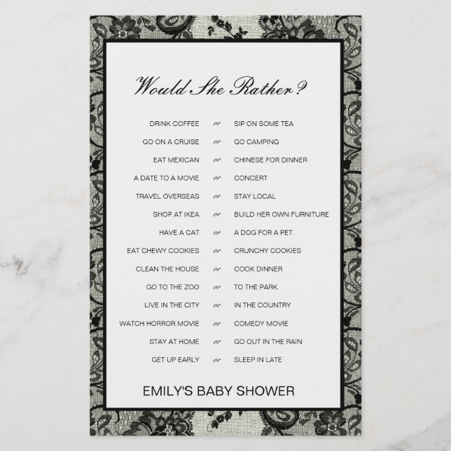 Would She Rather Baby Shower Game PRINTED (Front)
