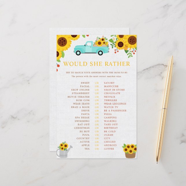 Would She Rather Baby Shower Game, Sunflower (Front/Back In Situ)