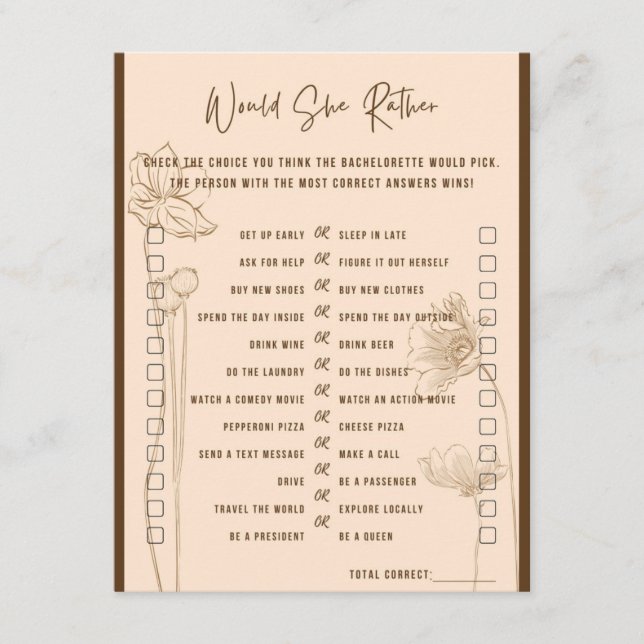 Would She Rather Bachelorette Party Game Enclosure Card (Front)