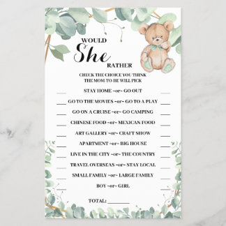 Would She Rather Bear Greenery Shower Game Card