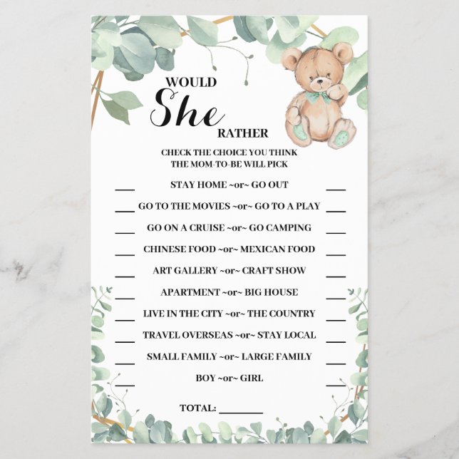 Would She Rather Bear Greenery Shower Game Card (Front)