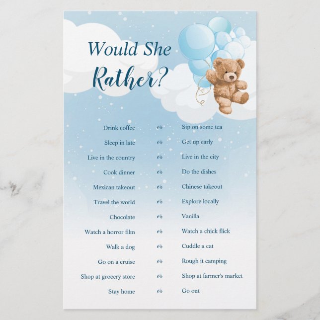 Would She Rather Blue Teddy Bear Game Flyer (Front)