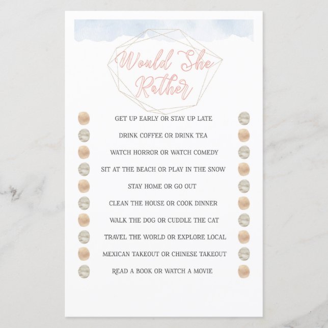 Would She Rather botanical Bridal Shower Game (Front)