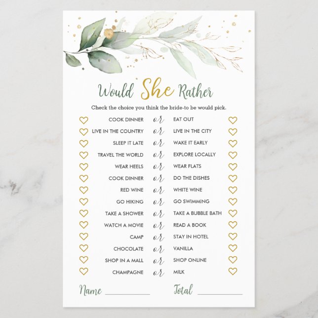Would She Rather Bridal Game Greenery Foliage Flyer (Front)