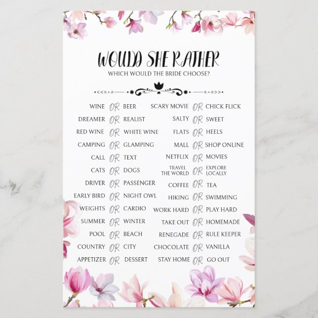 Would She Rather Bridal Shower Game (Front)