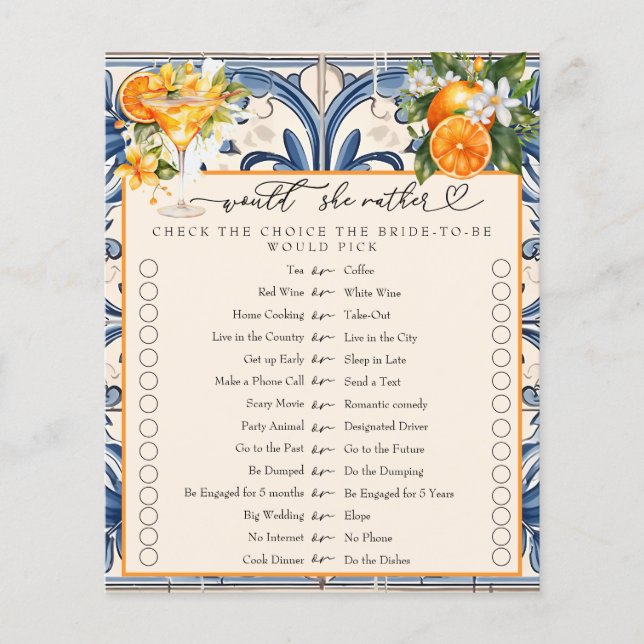 Would She Rather | Bridal Shower Game (Front)