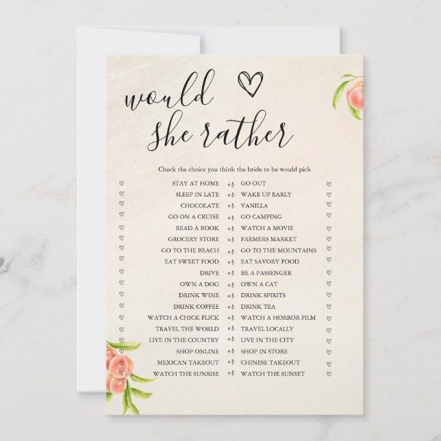 Would She Rather Bridal Shower Game Card (Front)