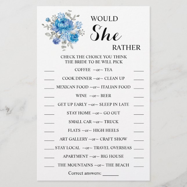 Would She Rather Bridal Shower Game Card (Front)