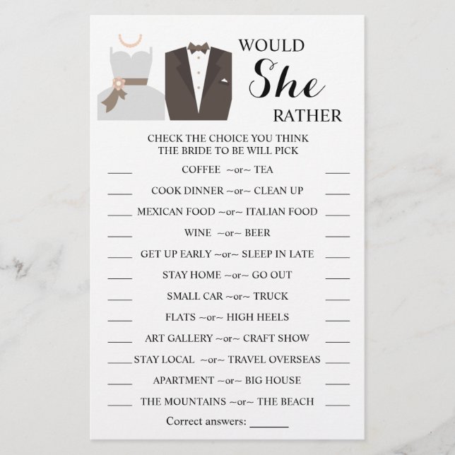 Would She Rather Bridal Shower Game Card (Front)