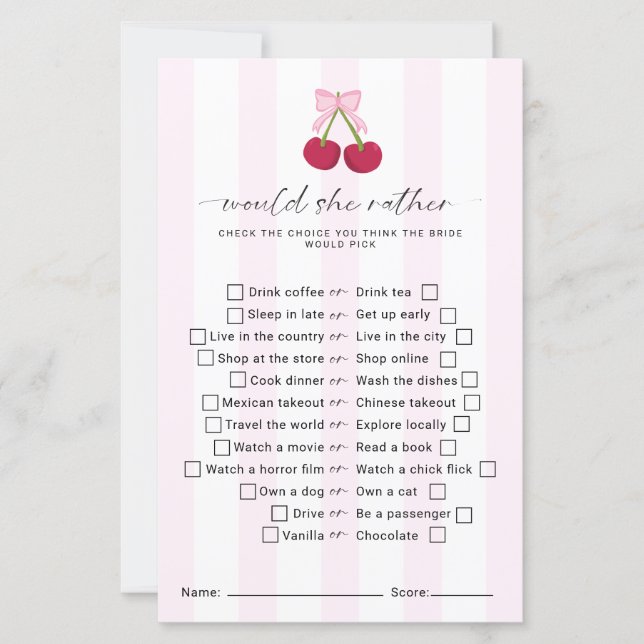 Would She Rather Bridal Shower Game Coquette (Front)