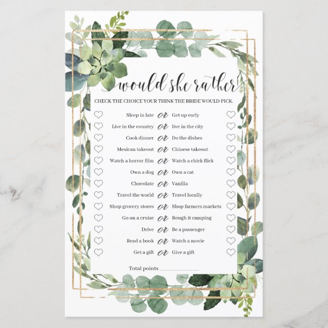Would she rather bridal shower game green gold (Front)