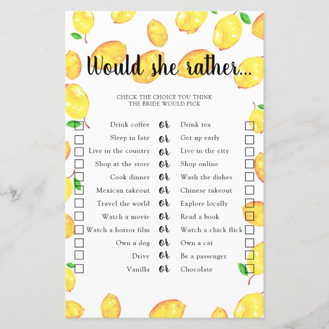 Would she Rather Bridal Shower Game Lemon  (Front)