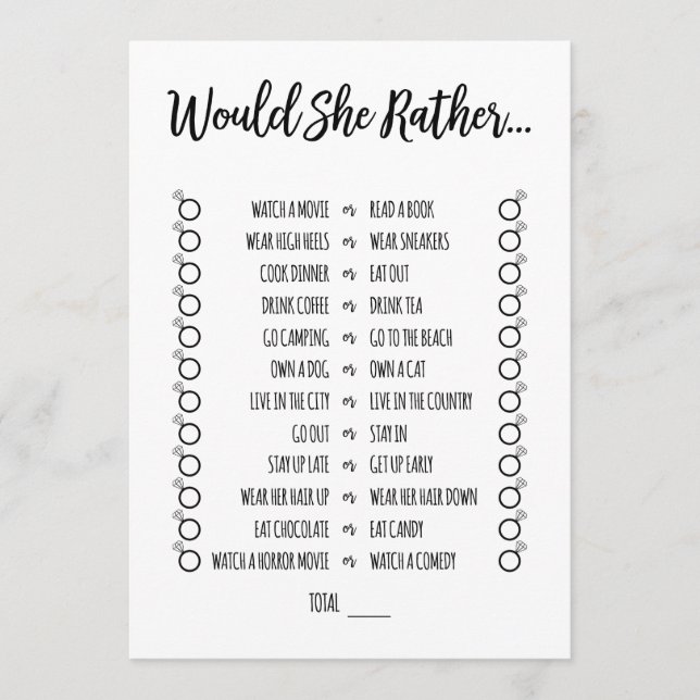 Would She Rather Bridal Shower Game Program (Front)