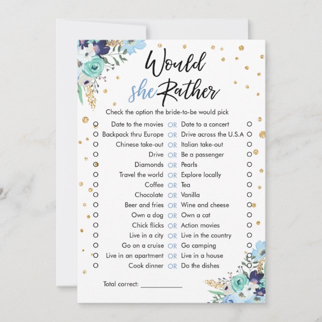 Would She Rather Bridal Shower Game Travel Blue Invitation (Front)