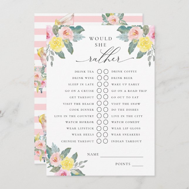 Would She Rather Bright Cocktail Bridal Game Enclosure Card (Front/Back)