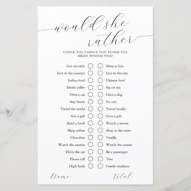 Would She Rather Calligraphy Bridal Shower Game (Front)