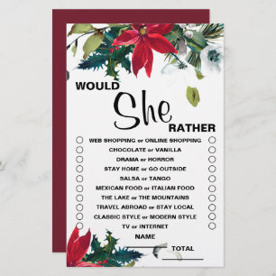 Would She Rather Christmas Floral Bridal Game