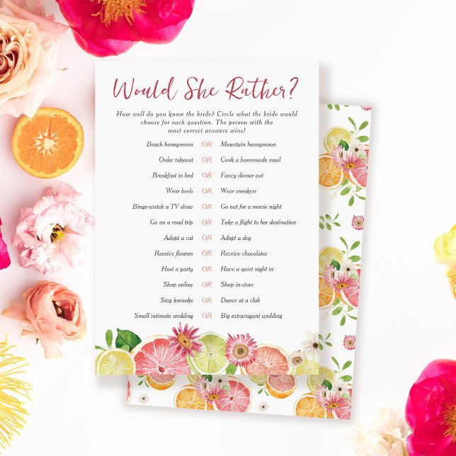 Would She Rather Citrus Bridal Shower Game Card (Creator Uploaded)