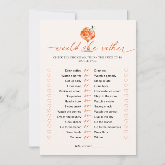 Would She Rather Cocktail Bridal Shower Game  Invitation (Front)