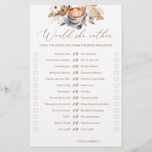 Would She Rather Coffee Bridal Shower Game (Front)