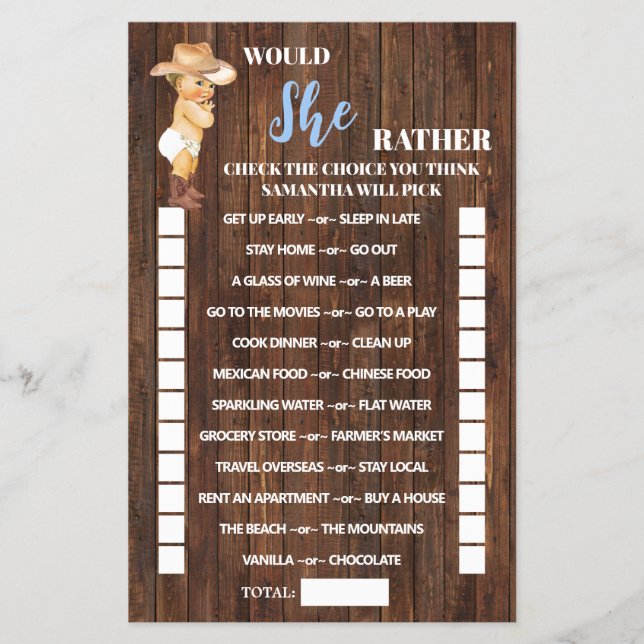 Would She Rather Cowboy Baby Shower Game Card  (Front)