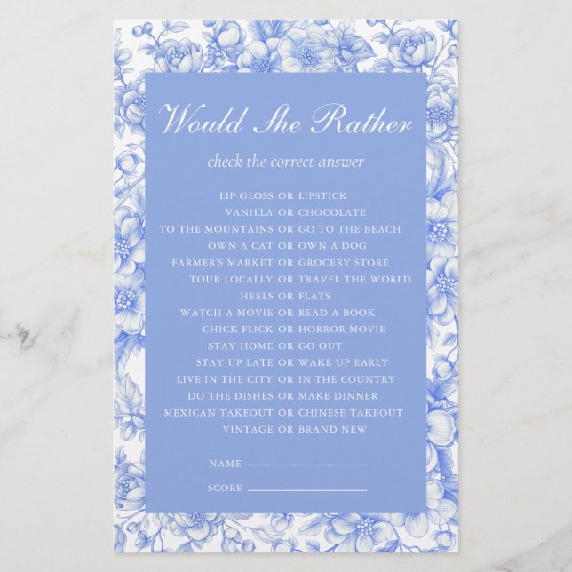 Would She Rather Cute Something Blue Bridal Game (Front)