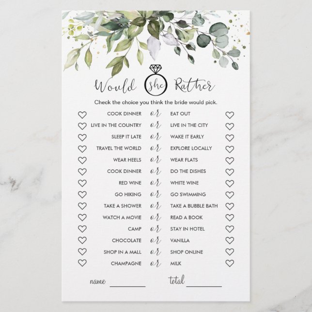 Would She Rather Eucalyptus Bridal Shower Game (Front)