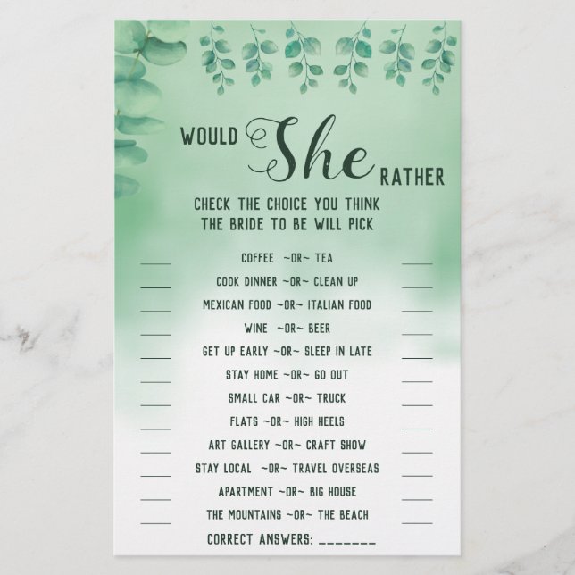 Would She Rather Eucalyptus BridalShower Game Card (Front)