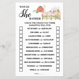 Would She Rather Farm Baby Shower Game Card