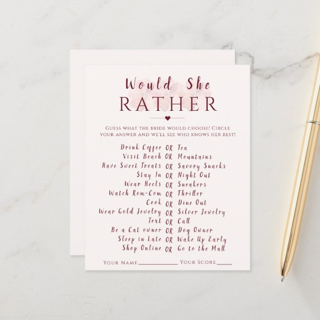 Would She Rather Floral Bridal Shower Game Card (Front/Back In Situ)