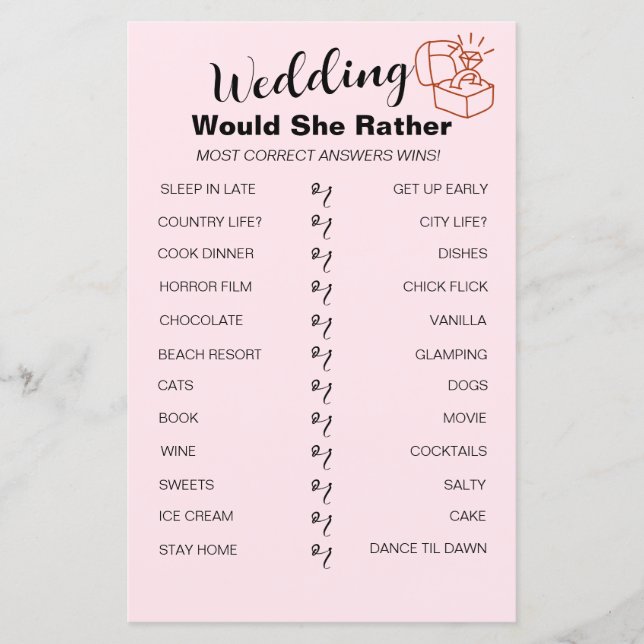 Would She Rather? Game Fun Bridal Shower Game  (Front)