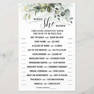 Would She Rather Greenery Baby Shower Game Card