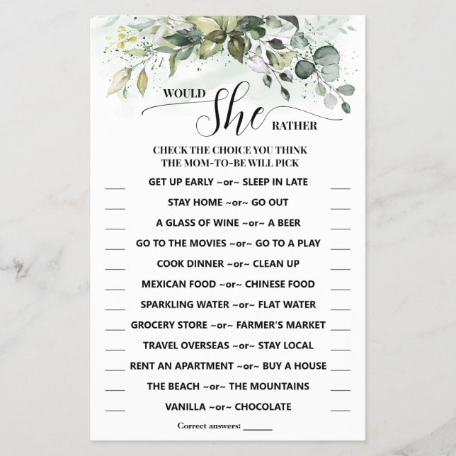 Would She Rather Greenery Baby Shower Game Card (Front)