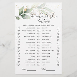 Would She Rather Greenery Bridal Shower Game