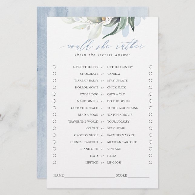 Would She Rather Greenery Leaves Bridal Game (Front/Back)