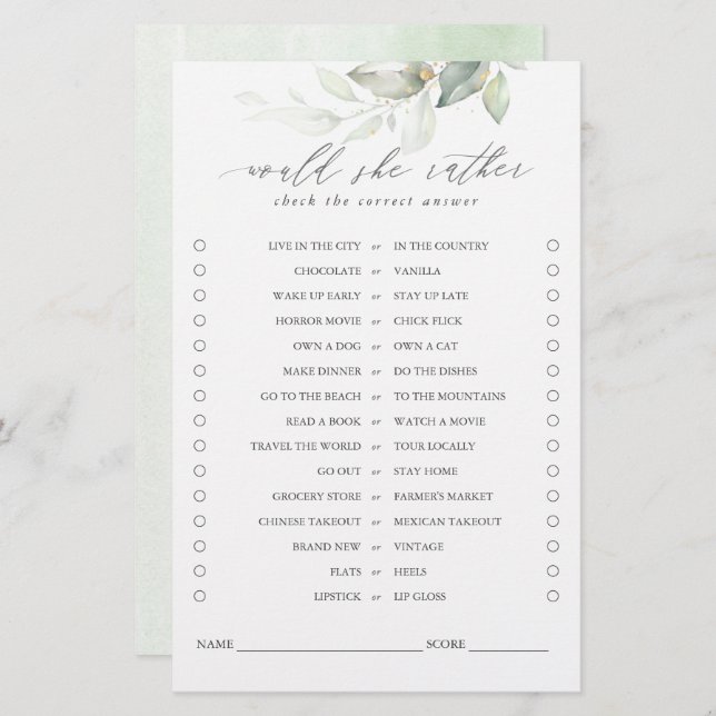 Would She Rather Greenery Leaves Bridal Game (Front/Back)