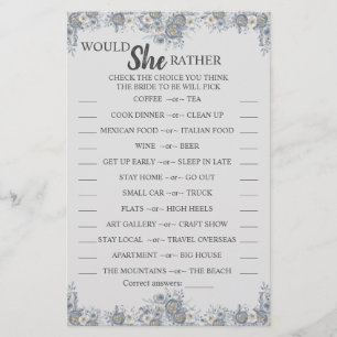 Would She Rather Grey Bridal Shower Game Card