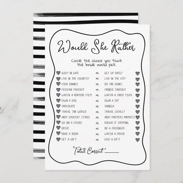 Would She Rather Hand Drawn Bridal Shower game Invitation (Front/Back)
