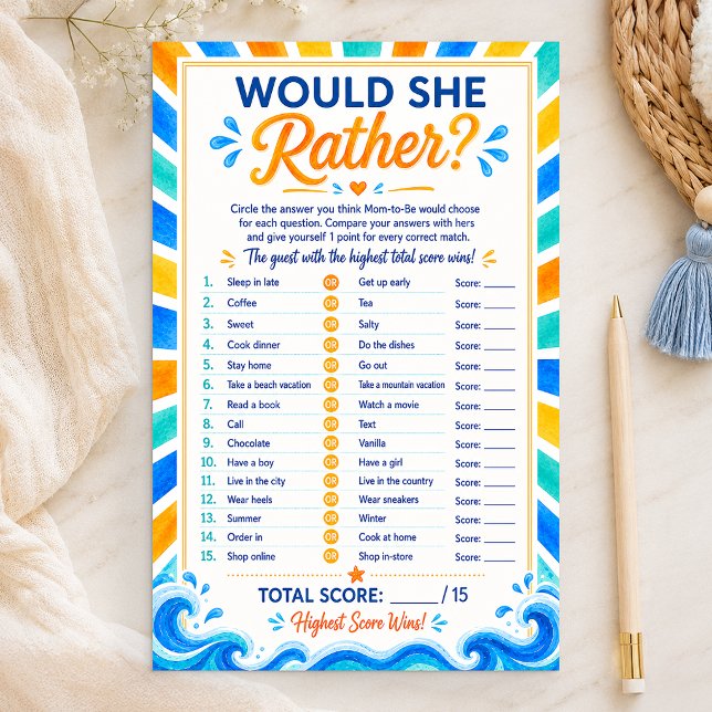 Would She Rather? Here Comes the Son Shower Game (Sunshine Baby Shower Game Card)