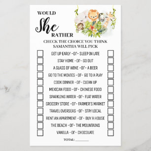 Would She Rather Jungle Baby Shower Game Card