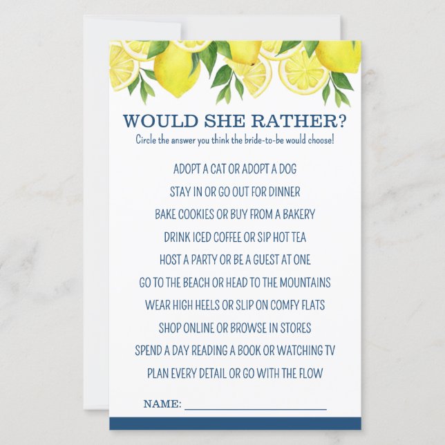 Would She Rather Lemon Bridal Shower Game (Front)