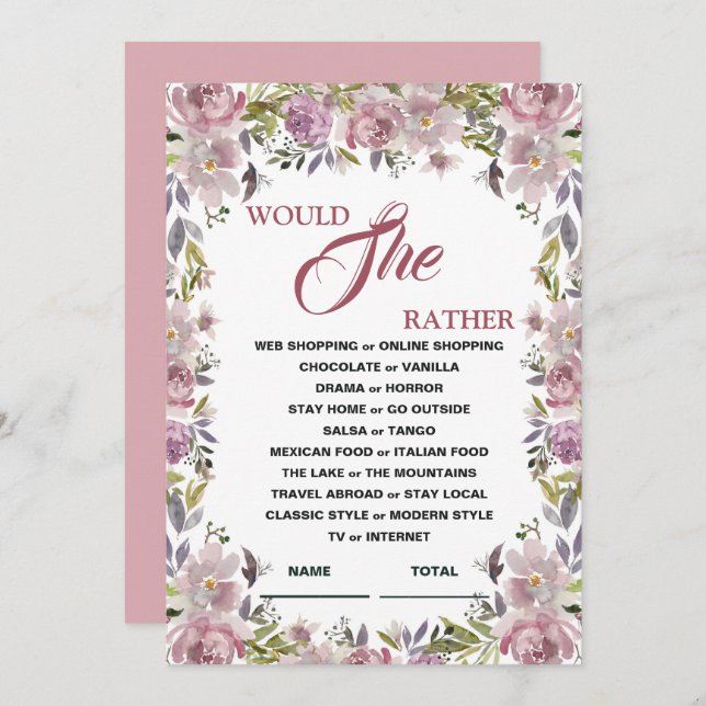Would She Rather Lilac Floral Bridal Shower Game I Invitation (Front/Back)